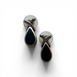 Vintage Sterling Silver 925 Onyx Teardrop Earrings Classic Design Post Back